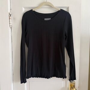 Anthropologie Black Ribbed Lettuce-Edge Long Sleeve Top